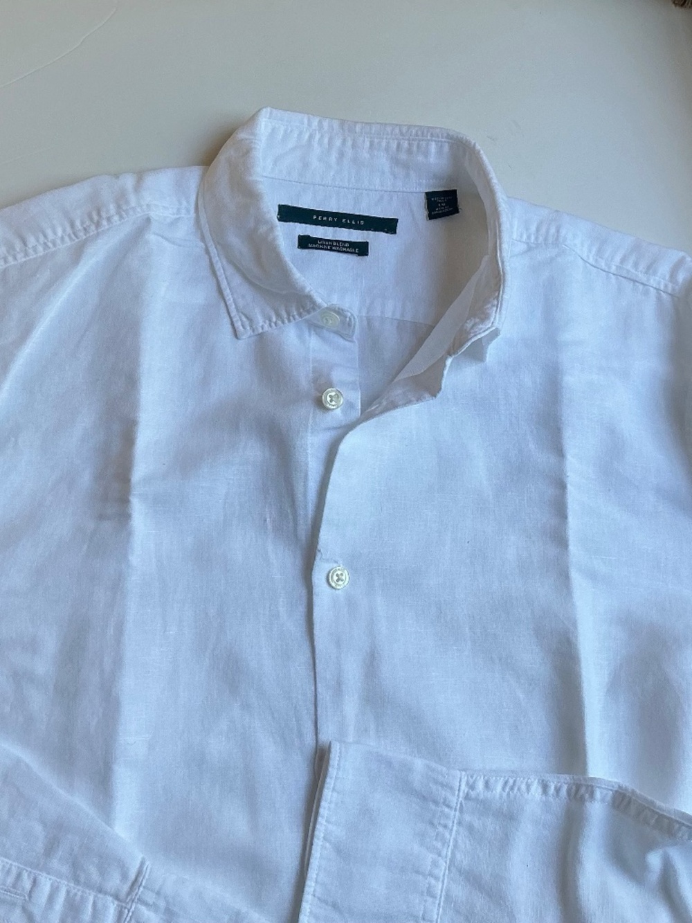 Perry Ellis white linen & cotton  button front  shirt Sz L